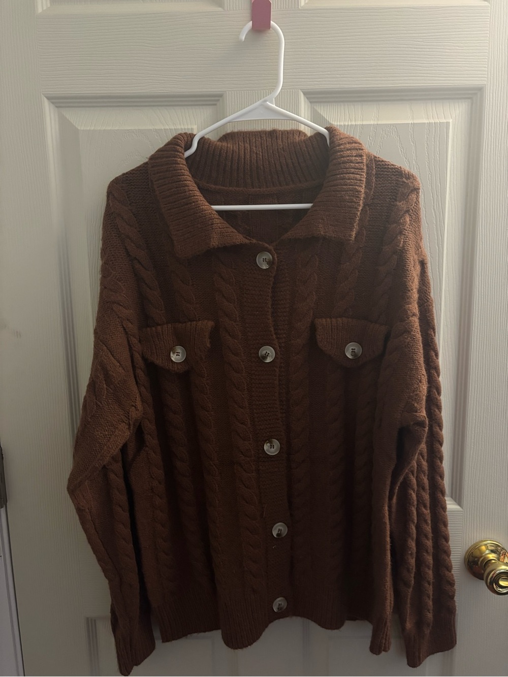 Brown Cable-Knit Button-Front Sweater Jacket